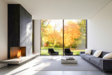 Fototapeta premium Modern Living Room Interior with Fireplace and Autumn View Creating Warmth and Serenity in a Stylish Design