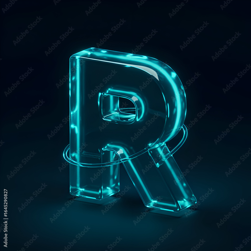 Poster glowing teal letter r in a 3d render with a circular light effect. illuminated, modern letter with a