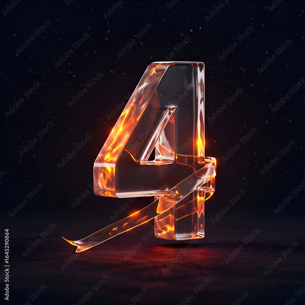 Poster glass number four with fiery ribbon on dark surface. abstract, futuristic number design for advertis