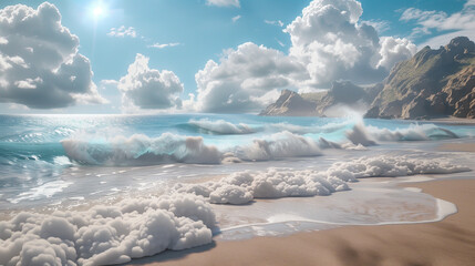 A beach where the waves are made of clouds