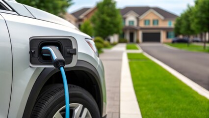 A modern electric vehicle charging at home, showcasing eco-friendly technology in a suburban neighborhood.