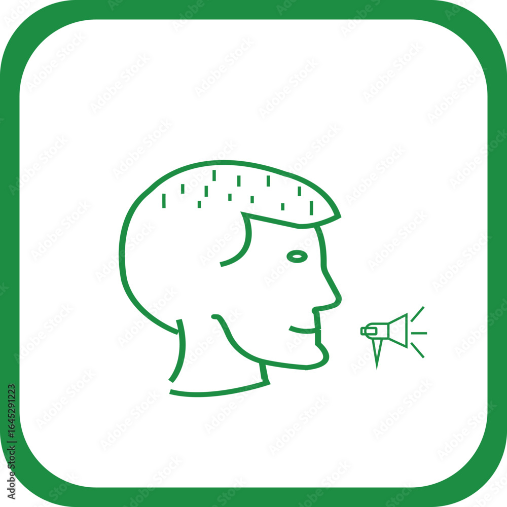 Poster a green vector icon outlining the profile of a man's head with sound waves directed towards a small 