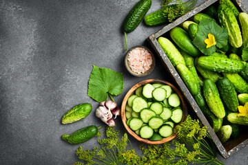 Wooden box with green cucumbers. Cucumber is a nutritious vegetable with a high water content....