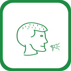 A green vector icon outlining the profile of a man's head with sound waves directed towards a small megaphone. This clean, line-style graphic symbolizes communication, announcements, or public speak.