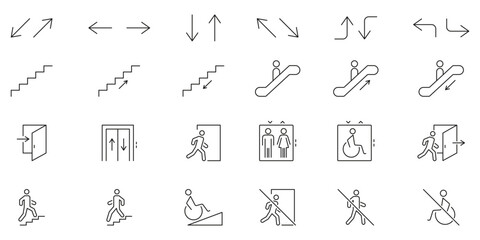 Directional And Accessibility Icons Set. Navigation, Movement and Accessibility Symbols Collection. Includes Arrows, Stairs, Escalators. Editable Stroke. Isolated Vector Illustration