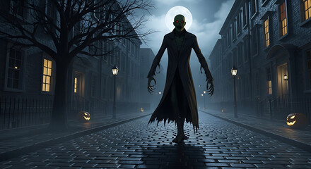 Creepy tall figure with claws walking down a cobblestone street at night with pumpkins and full moon