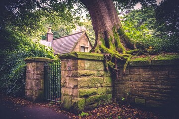 Rustic stone wall with roots, small house, and trees
