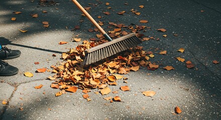 Autumn Ritual: Sweeping Golden Fallen Leaves on Sunlit Pavement