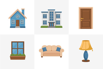 House facade and home decor icon set, window door sofa lamp vector, living room illustration, residential building clipart, home design elements