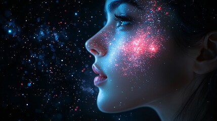 Cosmic Beauty with Stars and Galaxies on Ethereal Woman's Face