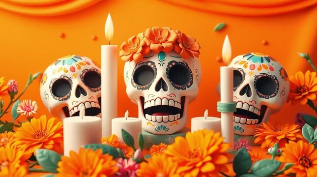 Sugar Skulls with Marigold Flowers and Candles on Orange Background for Celebration and Cultural Traditions