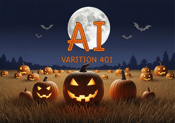 Halloween night scene with pumpkins, bats, and full moon