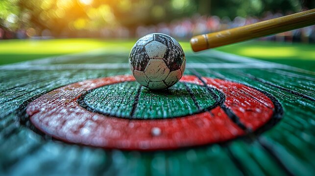 Close-Up of Soccer Ball on Colorful Painted Grounds in Park Scene