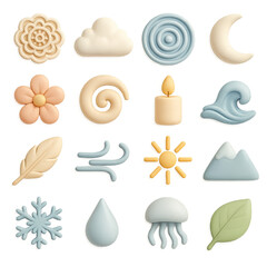 3d nature icon set featuring flower, cloud, candle, wave, feather, sun, mountain, snowflake