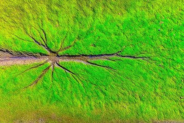Moss-covered ground with a flowing, root-like pattern