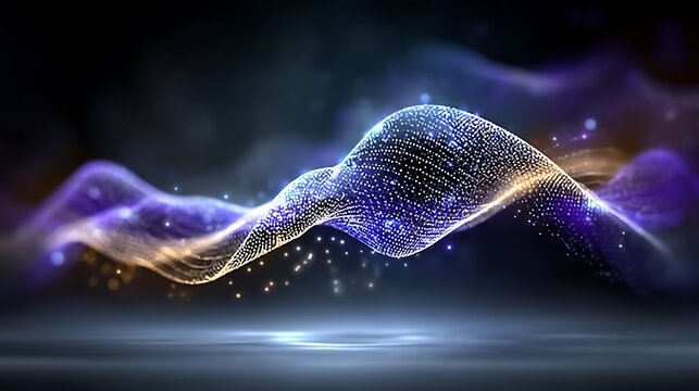 Digital waves in cool neon blues and purples, undulating across a black void with soft reflections