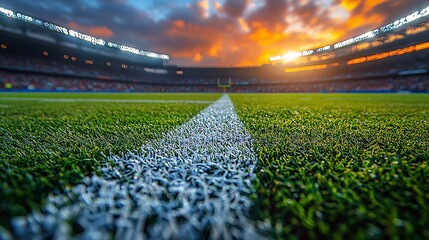Football Field Perspective with Sunset Background and Stadium Lights