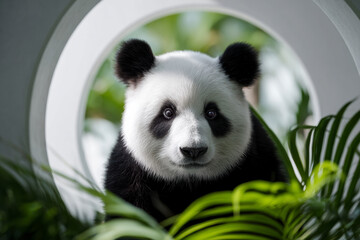 Panda portrait: a gentle giant framed by foliage and architecture, showcasing serene beauty and charm.