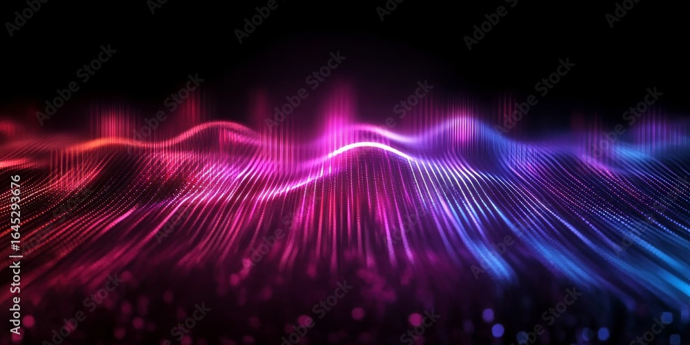 Poster futuristic sound waves in cyberpunk style abstract neon frequency lines and equalizer visualization