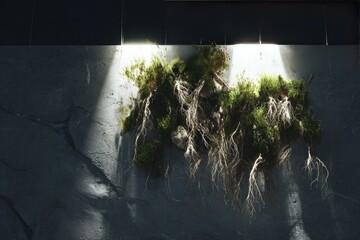 Moss cluster illuminated by spotlights on textured wall