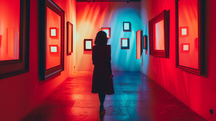 A woman walking through a hallway of floating frames 