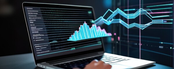 Laptop Screen Showing Teal and Purple Data Graphs and Code at Night