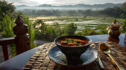 Enjoying delicious asian soup with scenic rice field view at luxury resort in ubud, bali indonesia