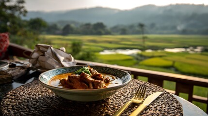 Delicious chicken curry recipe served outdoors with a beautiful scenic view of rice fields and mountains