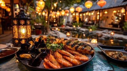 Enjoy delicious seafood platter at a beautiful outdoor restaurant with romantic lighting and ambiance tonight