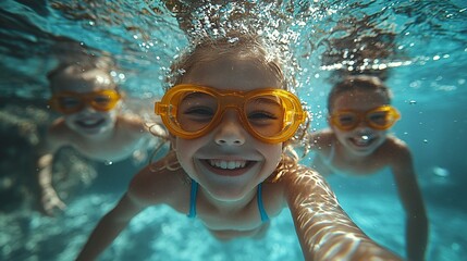 Naklejka premium Joyful Children Swimming Underwater with Bright Goggles Smiling