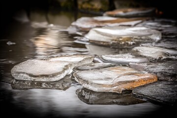 Frozen stones forming a path across a still pond
