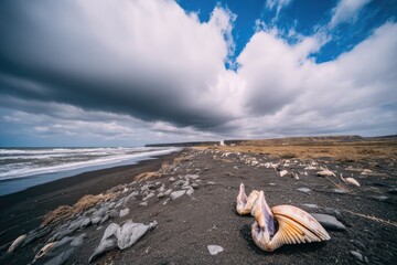 Dark beach, shells, dramatic sky