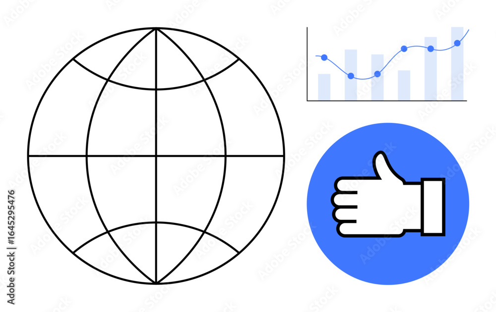 Poster globe grid symbolizing global reach, bar chart with line graph for analytics, thumbs-up icon for app