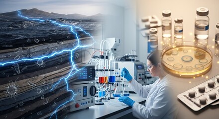 A montage depicting resource extraction, lab research, and drug development.