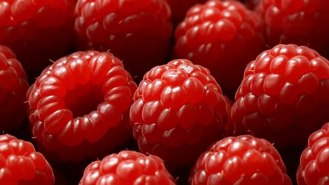 Macro close-up of multiple ripe red raspberries with natural shine and juicy texture. Fresh organic berries arranged tightly together, showing detailed patterns of the drupelets. 