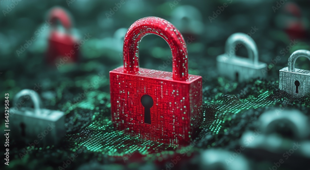 Poster digital security concept with red lock on circuit board background showcasing data protection.