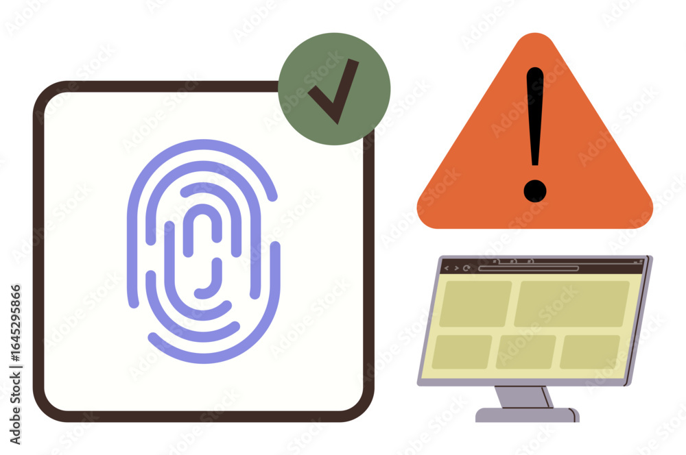 Poster fingerprint scan with a checkmark, alert triangle, and monitor screen symbolize authentication, caut