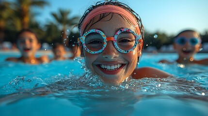 Fototapeta premium Joyful Girl in Pool Water Wearing Colorful Swim Goggles and Smiling