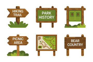 Park signpost icon set, hiking trail picnic area map board vector, outdoor wayfinding illustration, wooden sign clipart, nature park elements