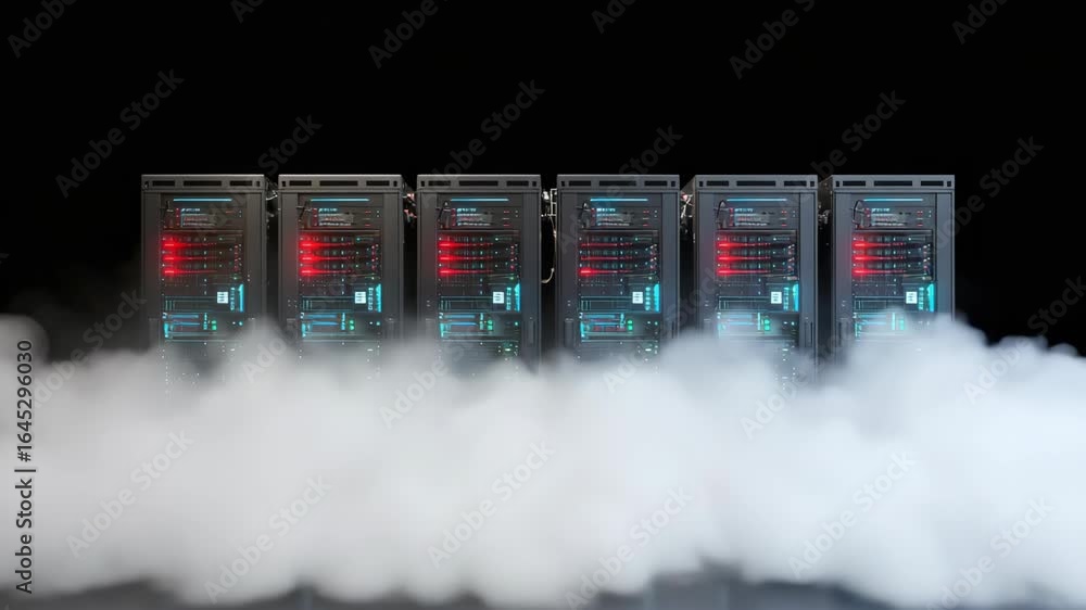 Poster a server system with overheating issues, surrounded by vapor or smoke on a dark background with refl