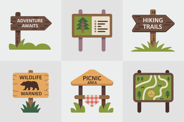 Adventure trail sign icons, hiking trail and picnic area vector, park direction board illustration, map post clipart, outdoor camping elements