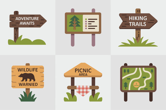 Adventure trail sign icons, hiking trail and picnic area vector, park direction board illustration, map post clipart, outdoor camping elements