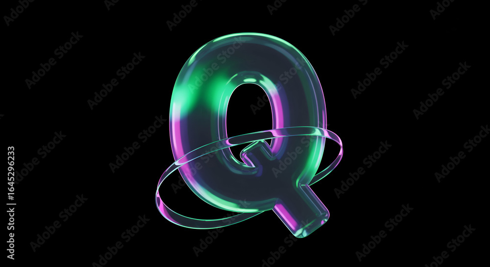 Poster 3d rendered letter q with vibrant teal and magenta gradient colors, in a circular orbiting motion on