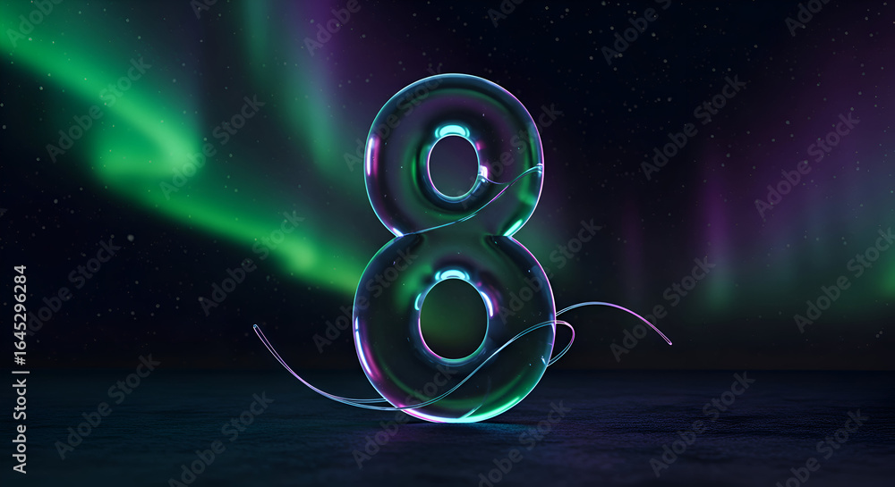 Poster a translucent number eight, a graphic design element, against a backdrop of an aurora borealis displ