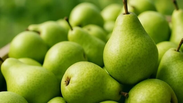 Close-up view of a pile of fresh green pears with natural lighting. The fruits have smooth, slightly speckled skin and are arranged closely, highlighting their freshness and organic quality.