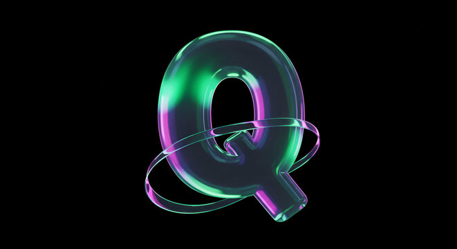 3D rendered letter Q with vibrant teal and magenta gradient colors, in a circular orbiting motion on a black background. Abstract design element for graphic design, technology or gaming projects.