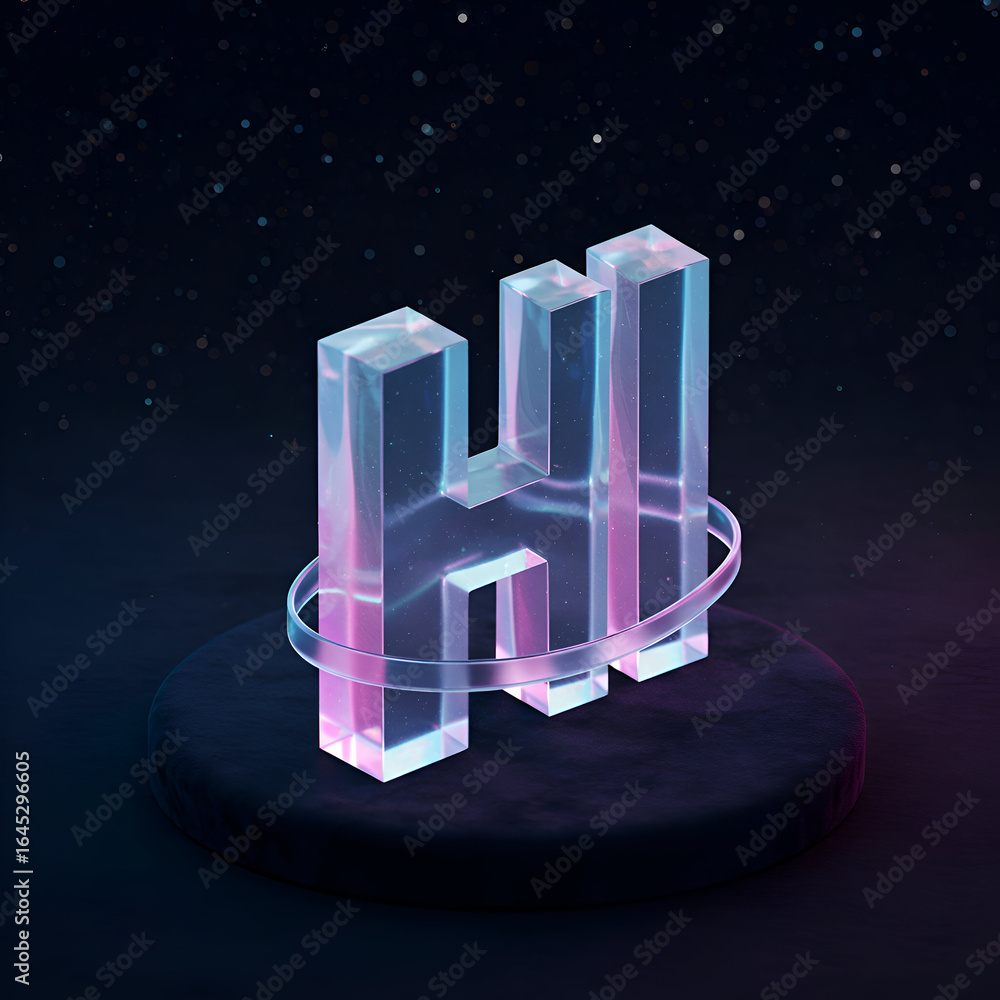 Poster abstract holographic letter h on a dark platform with vibrant lighting. modern graphic design elemen