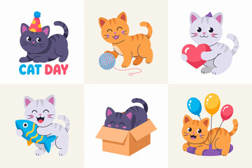 Pet care and accessory icons, cat playing box ball vector, party cap fishbone toy graphics, animal lover badge, pet celebration element