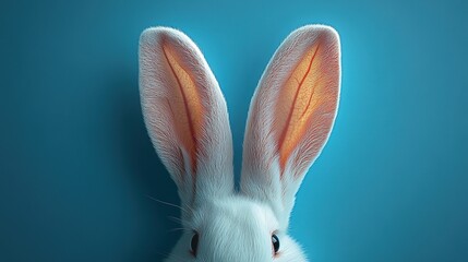 Cute bunny ears peeking on pastel blue background in flat lay with text area, ideal for social media and web design.