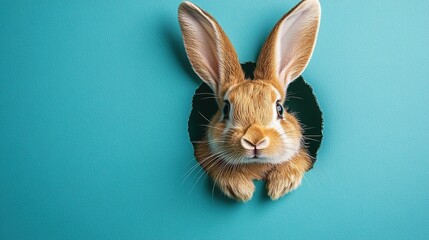Easter bunny ears sticking out of blue background hole with copy space for minimalist banner design, cute element for advertising and holiday decoration.